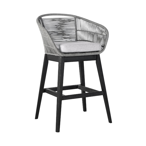 Armen Living Tutti Frutti Indoor Outdoor Bar Height Bar Stool in Black Brushed Eucalyptus Wood with Gray Rope LCTFBAGRBL30 - main